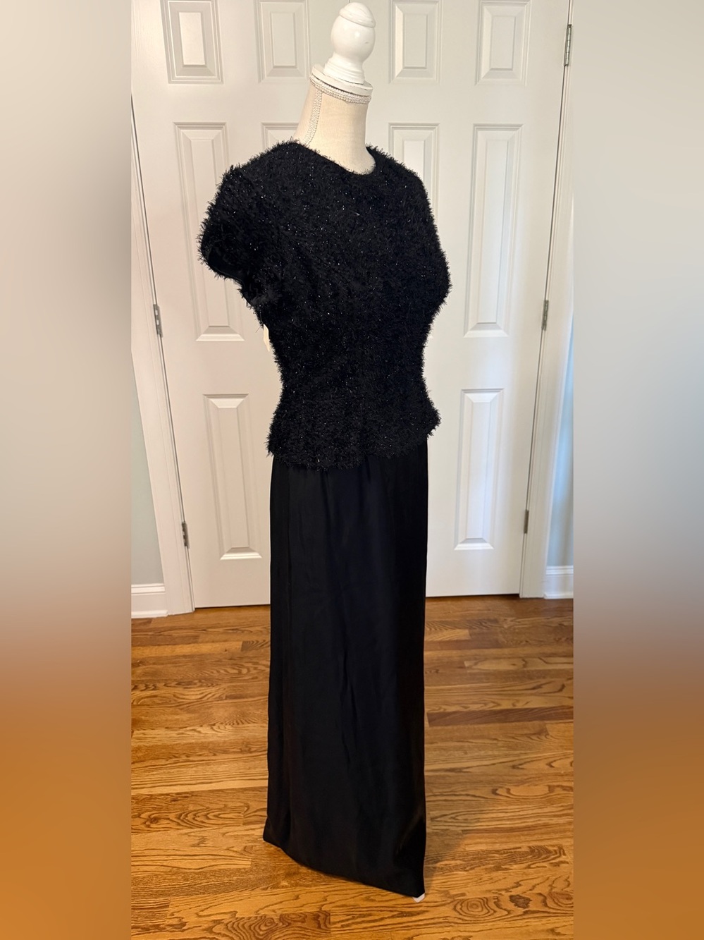 Alyce Designs Vintage Black Fuzzy Boucle Shag Sequin Formal Maxi Gown Size 10